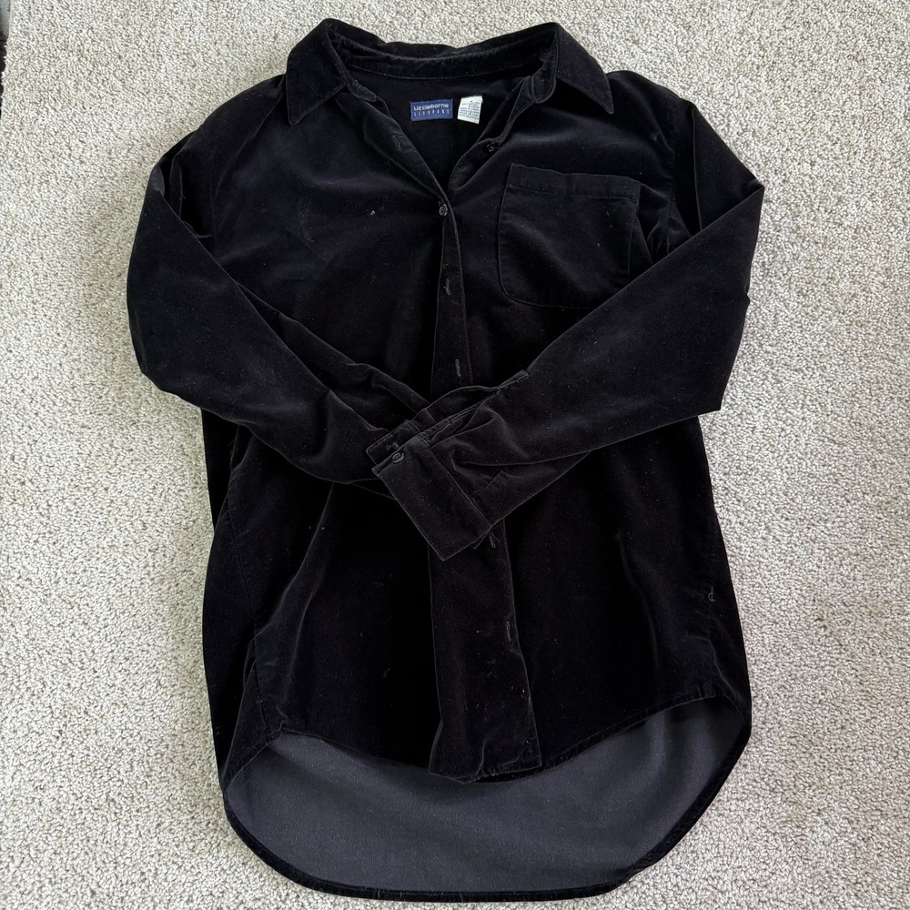 Vintage Liz Claiborne Shirt Womens M Black Velour Button Up Tunic Long Sleeve